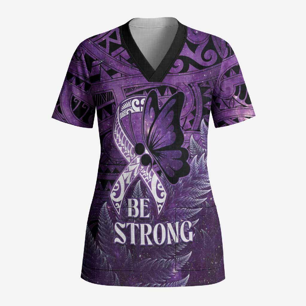 Lupus Awareness Month New Zealand Scrub Top Be Strong Warrior Maori Silver Fern LT14 Adult Purple - Polynesian Pride