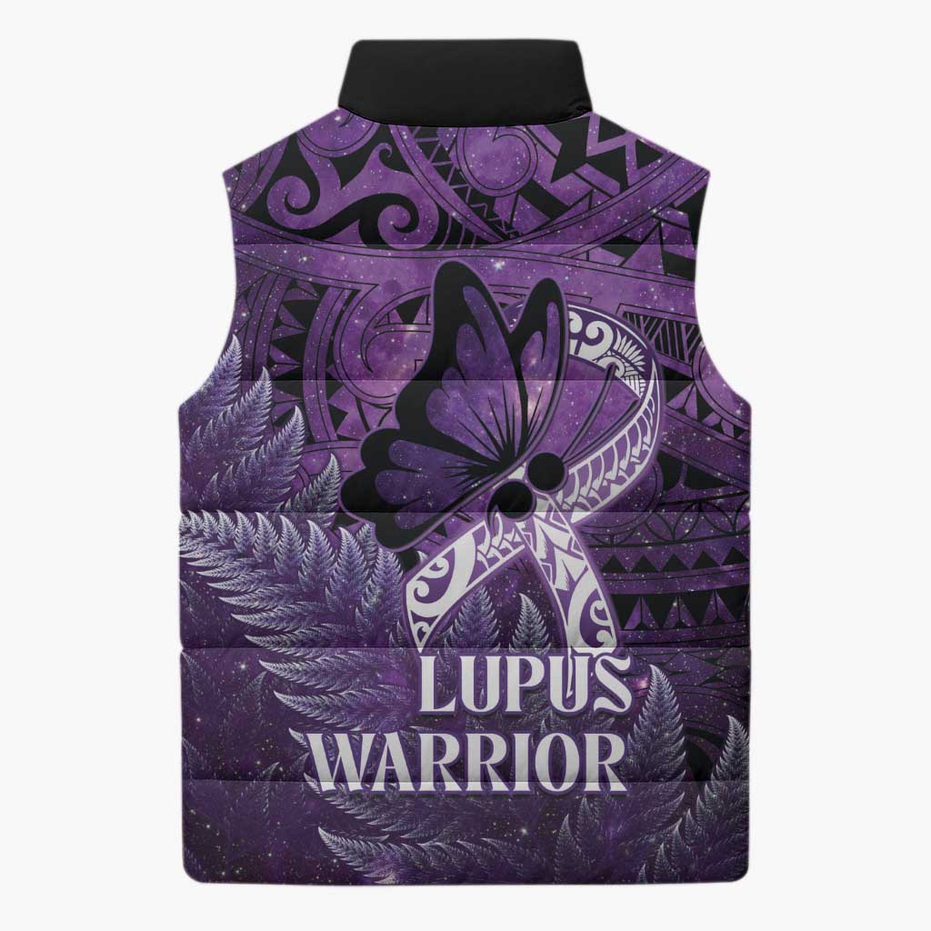 Lupus Awareness Month New Zealand Sleeveless Puffer Jacket Be Strong Warrior Maori Silver Fern