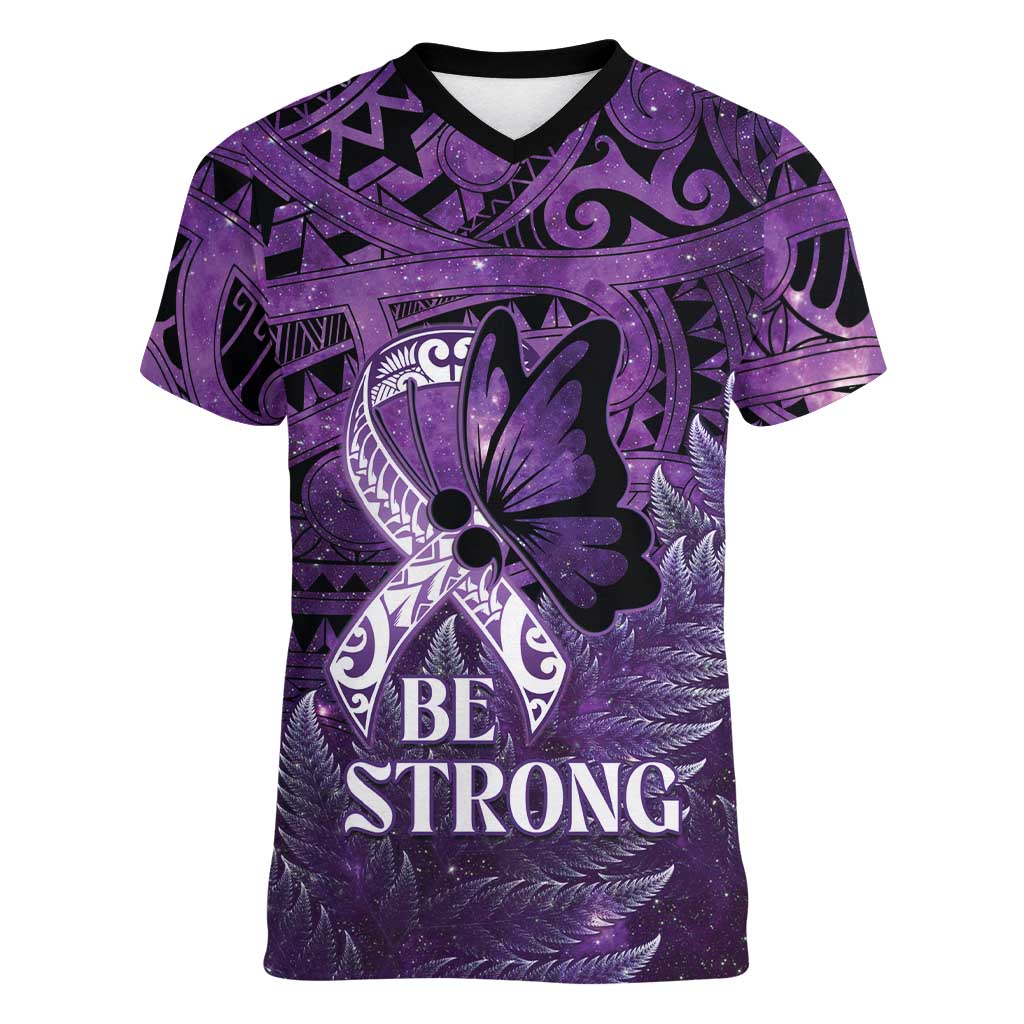 Lupus Awareness Month New Zealand Women V-Neck T-Shirt Be Strong Warrior Maori Silver Fern LT14 Female Purple - Polynesian Pride