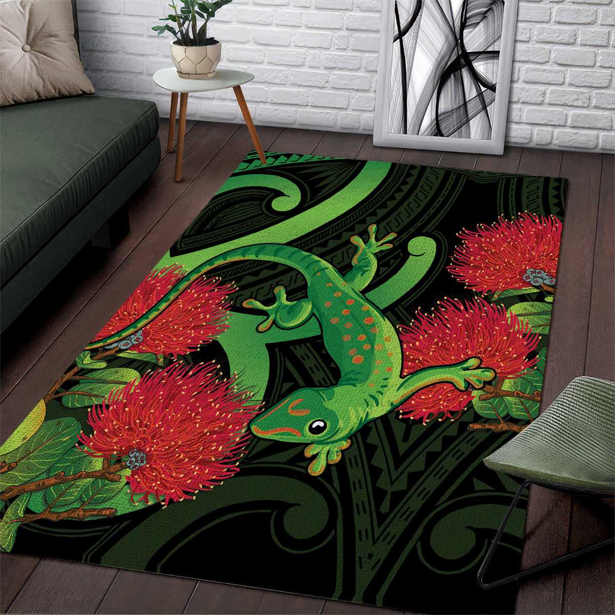 New Zealand Gecko Area Rug Aotearoa Maori With Pohutukawa Flowers