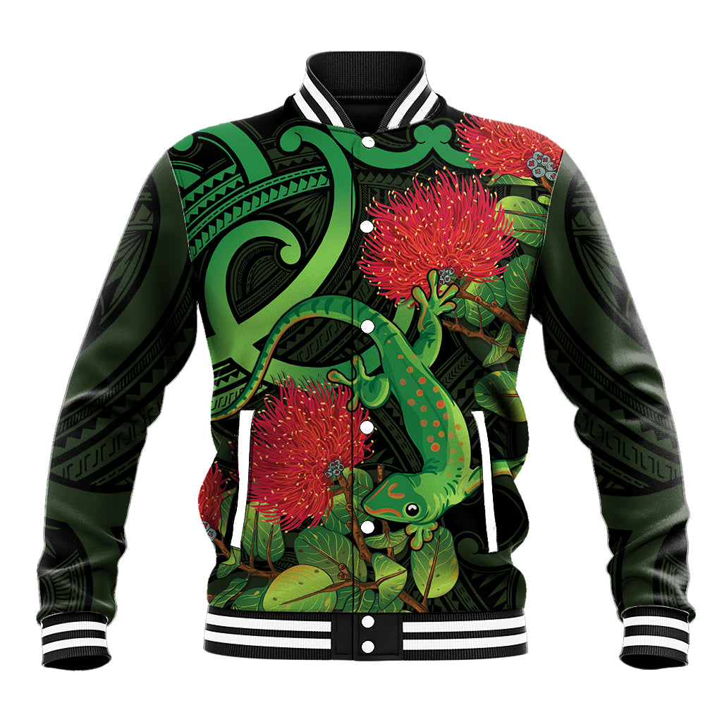 New Zealand Gecko Baseball Jacket Aotearoa Maori With Pohutukawa Flowers LT14 Unisex Black - Polynesian Pride