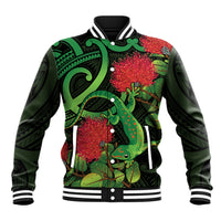 New Zealand Gecko Baseball Jacket Aotearoa Maori With Pohutukawa Flowers LT14 Unisex Black - Polynesian Pride