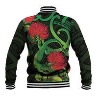 New Zealand Gecko Baseball Jacket Aotearoa Maori With Pohutukawa Flowers LT14 - Polynesian Pride