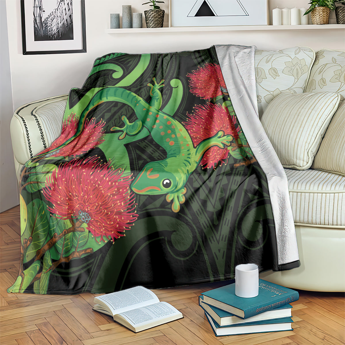 New Zealand Gecko Blanket Aotearoa Maori With Pohutukawa Flowers