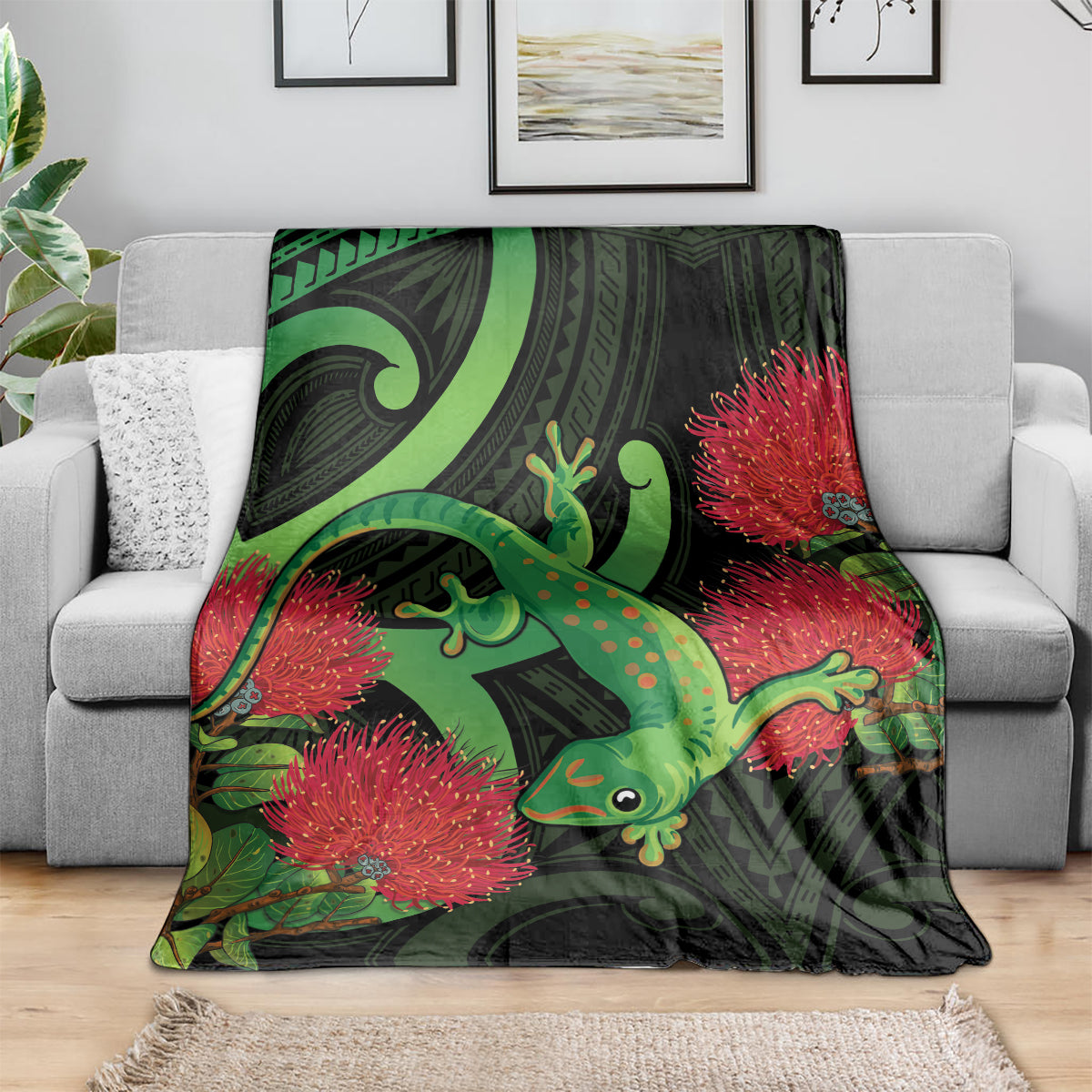 New Zealand Gecko Blanket Aotearoa Maori With Pohutukawa Flowers LT14 - Polynesian Pride