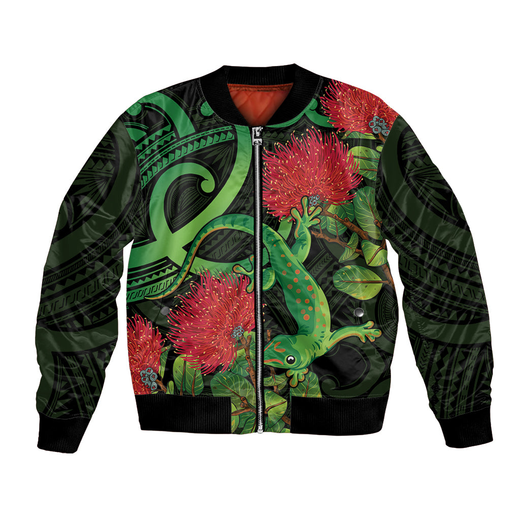 New Zealand Gecko Bomber Jacket Aotearoa Maori With Pohutukawa Flowers LT14 Unisex Black - Polynesian Pride