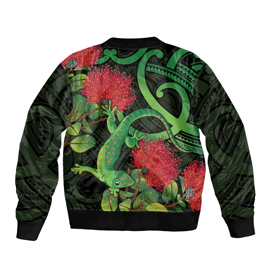 New Zealand Gecko Bomber Jacket Aotearoa Maori With Pohutukawa Flowers LT14 - Polynesian Pride
