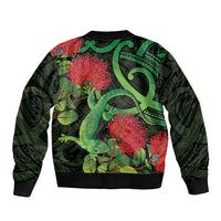 New Zealand Gecko Bomber Jacket Aotearoa Maori With Pohutukawa Flowers LT14 - Polynesian Pride