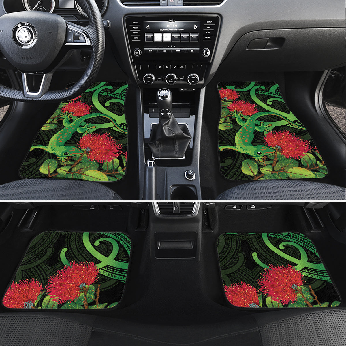 New Zealand Gecko Car Mats Aotearoa Maori With Pohutukawa Flowers LT14 Set 4pcs Black - Polynesian Pride