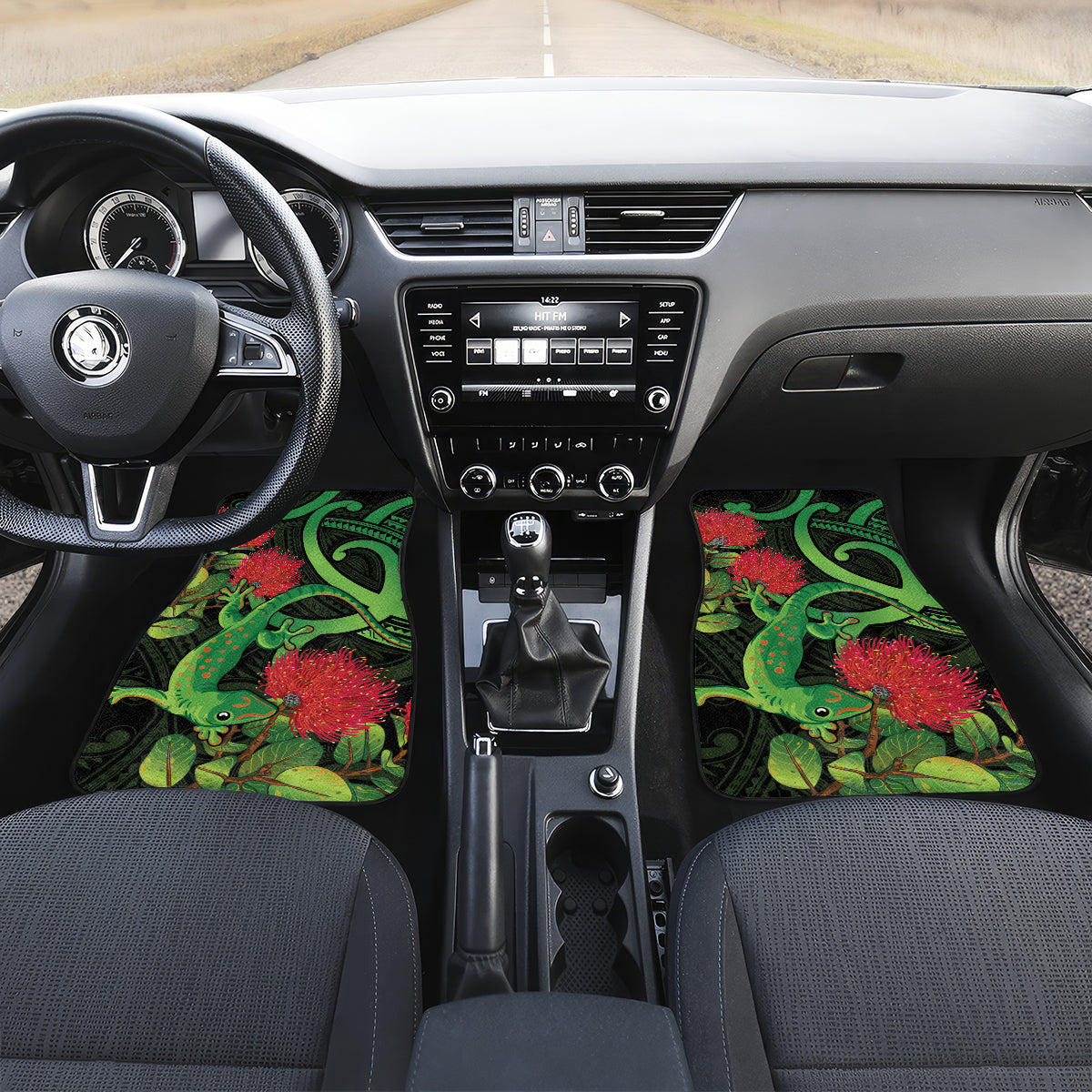 New Zealand Gecko Car Mats Aotearoa Maori With Pohutukawa Flowers LT14 Set 2pcs - Front Black - Polynesian Pride