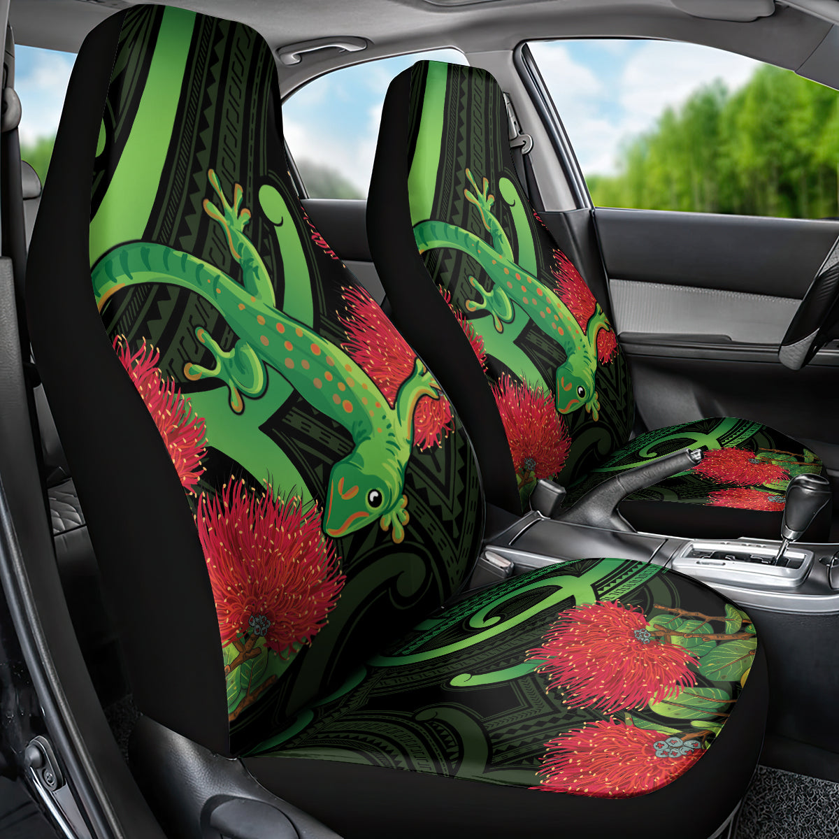 New Zealand Gecko Car Seat Cover Aotearoa Maori With Pohutukawa Flowers