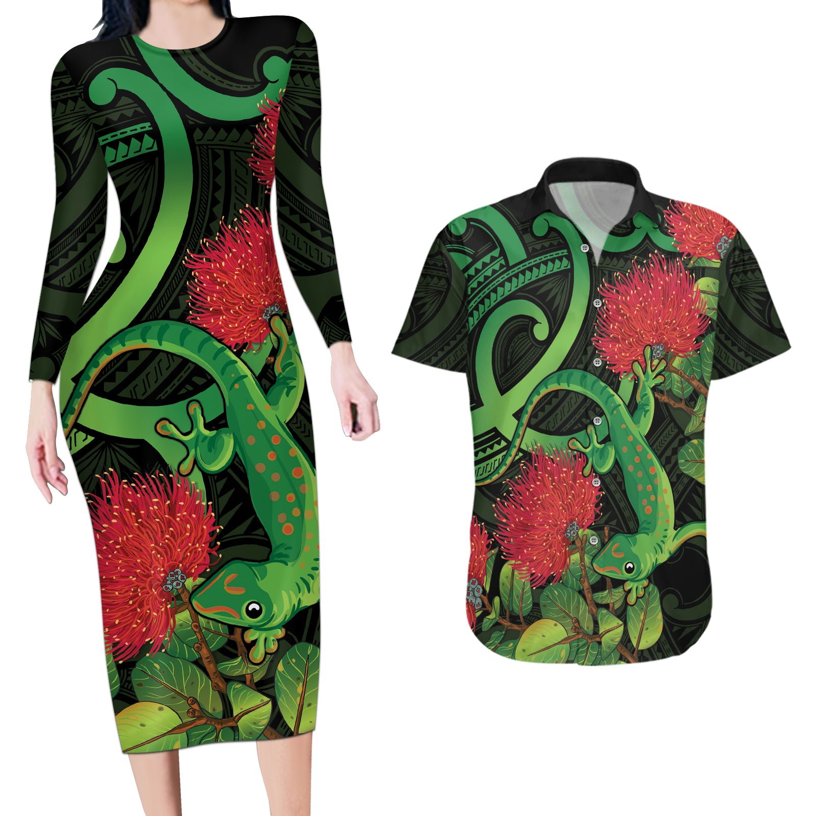 New Zealand Gecko Couples Matching Long Sleeve Bodycon Dress and Hawaiian Shirt Aotearoa Maori With Pohutukawa Flowers