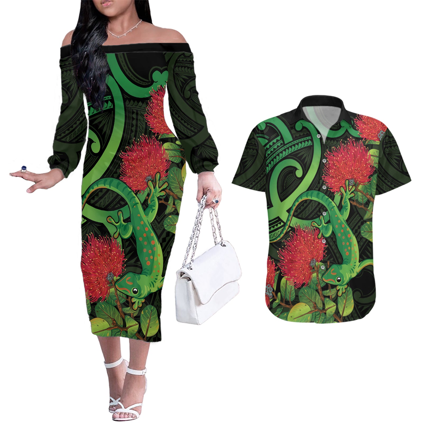 New Zealand Gecko Couples Matching Off The Shoulder Long Sleeve Dress and Hawaiian Shirt Aotearoa Maori With Pohutukawa Flowers LT14 Black - Polynesian Pride
