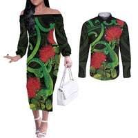 New Zealand Gecko Couples Matching Off The Shoulder Long Sleeve Dress and Long Sleeve Button Shirt Aotearoa Maori With Pohutukawa Flowers