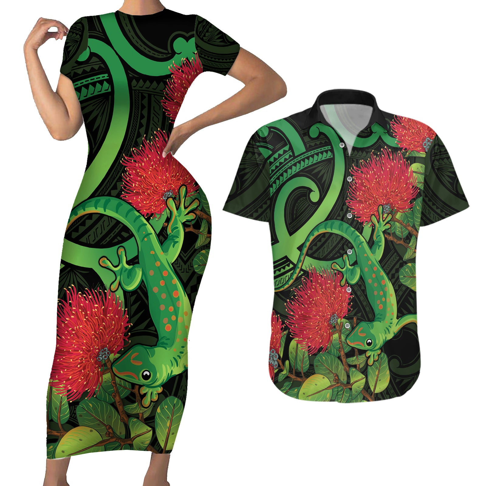 New Zealand Gecko Couples Matching Short Sleeve Bodycon Dress and Hawaiian Shirt Aotearoa Maori With Pohutukawa Flowers LT14 Black - Polynesian Pride