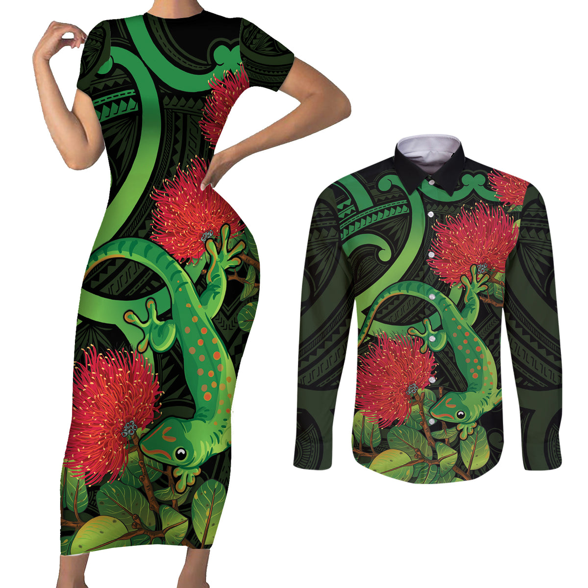 New Zealand Gecko Couples Matching Short Sleeve Bodycon Dress and Long Sleeve Button Shirt Aotearoa Maori With Pohutukawa Flowers
