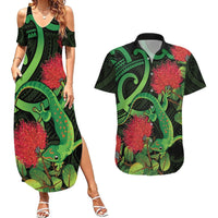 New Zealand Gecko Couples Matching Summer Maxi Dress and Hawaiian Shirt Aotearoa Maori With Pohutukawa Flowers