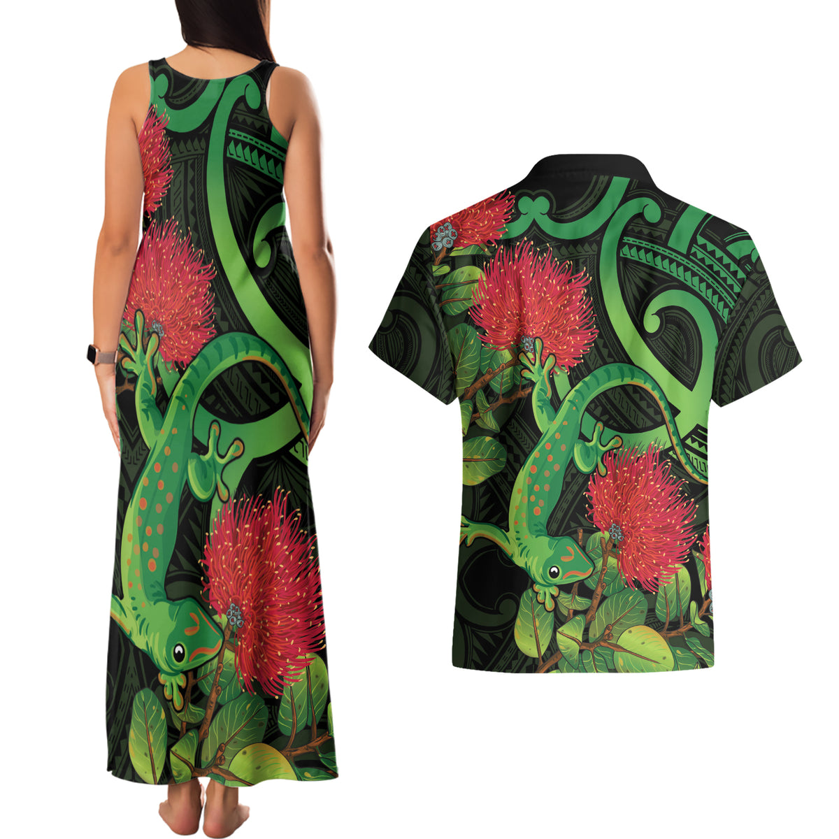 New Zealand Gecko Couples Matching Tank Maxi Dress and Hawaiian Shirt Aotearoa Maori With Pohutukawa Flowers
