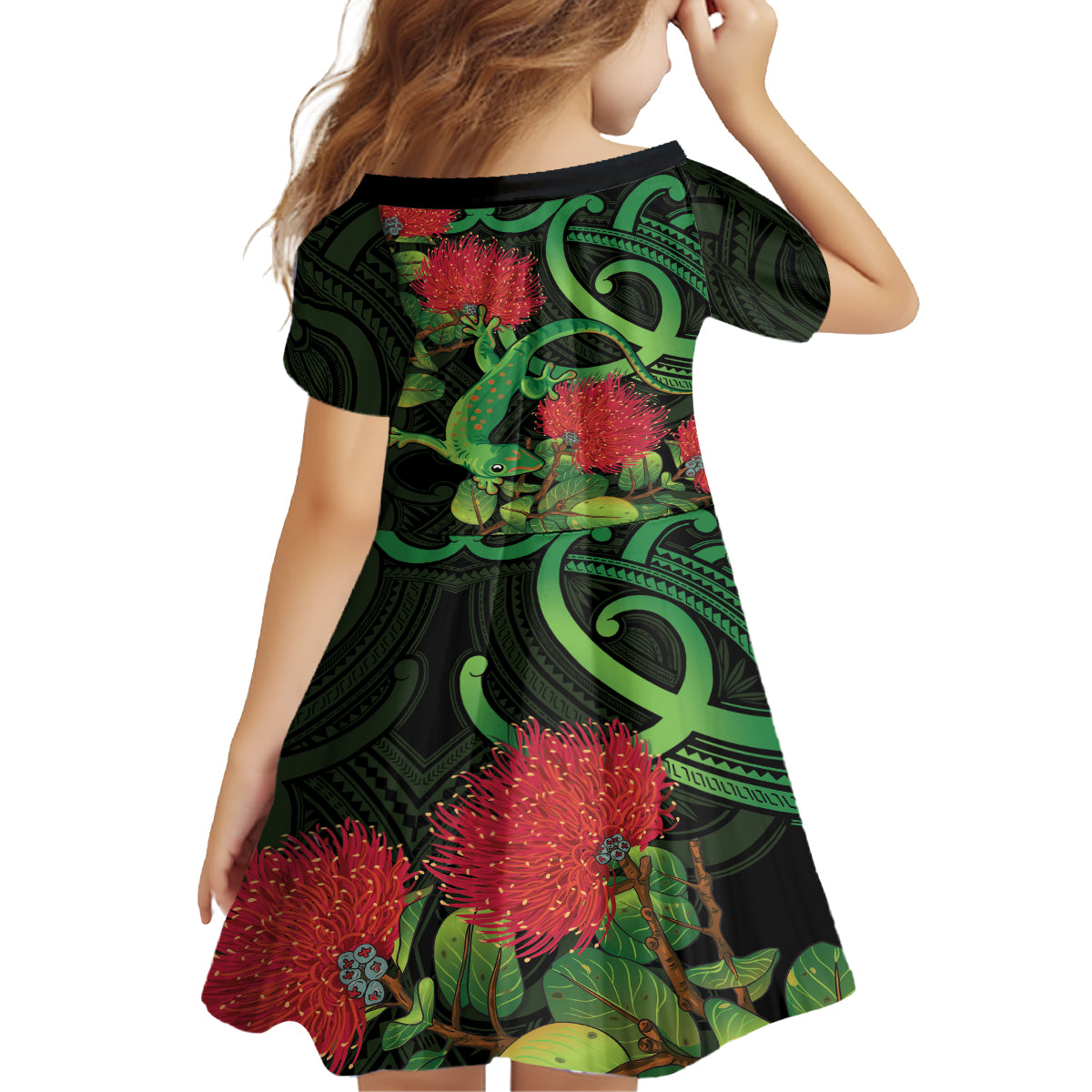 New Zealand Gecko Family Matching Long Sleeve Bodycon Dress and Hawaiian Shirt Aotearoa Maori With Pohutukawa Flowers