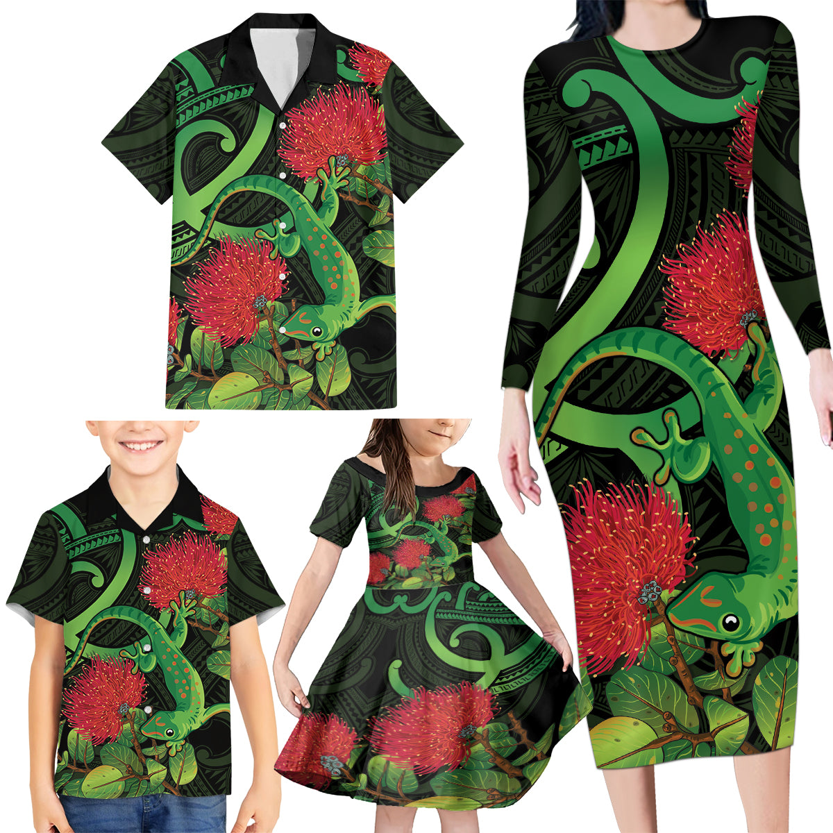 New Zealand Gecko Family Matching Long Sleeve Bodycon Dress and Hawaiian Shirt Aotearoa Maori With Pohutukawa Flowers