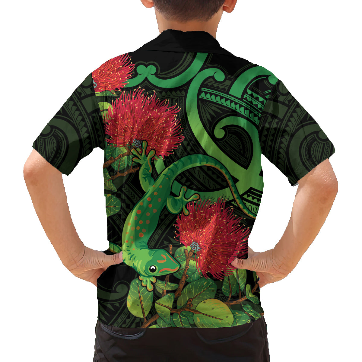 New Zealand Gecko Family Matching Off Shoulder Maxi Dress and Hawaiian Shirt Aotearoa Maori With Pohutukawa Flowers