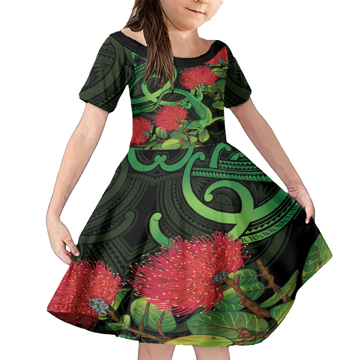 New Zealand Gecko Family Matching Off Shoulder Maxi Dress and Hawaiian Shirt Aotearoa Maori With Pohutukawa Flowers