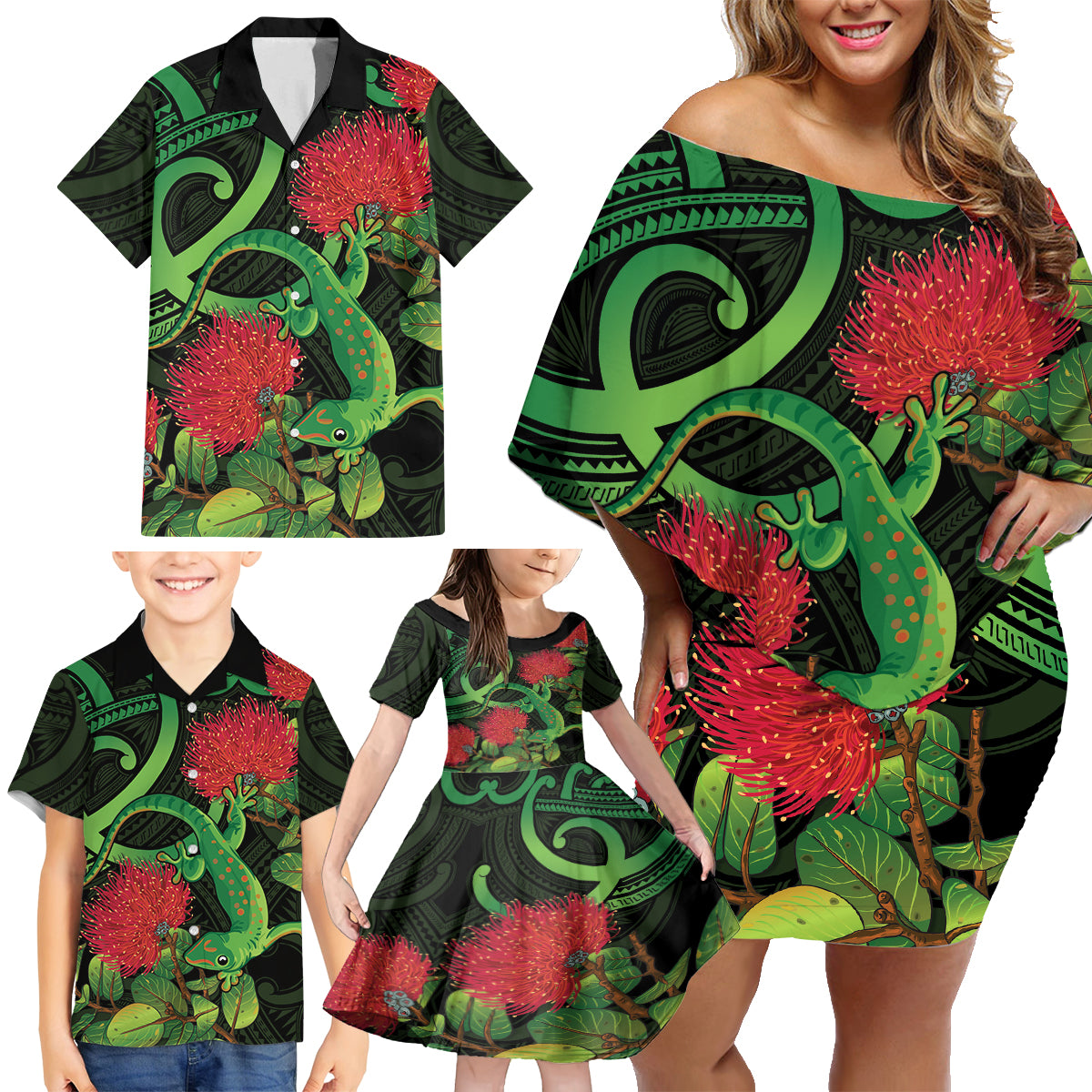 New Zealand Gecko Family Matching Off Shoulder Short Dress and Hawaiian Shirt Aotearoa Maori With Pohutukawa Flowers