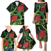 New Zealand Gecko Family Matching Puletasi and Hawaiian Shirt Aotearoa Maori With Pohutukawa Flowers