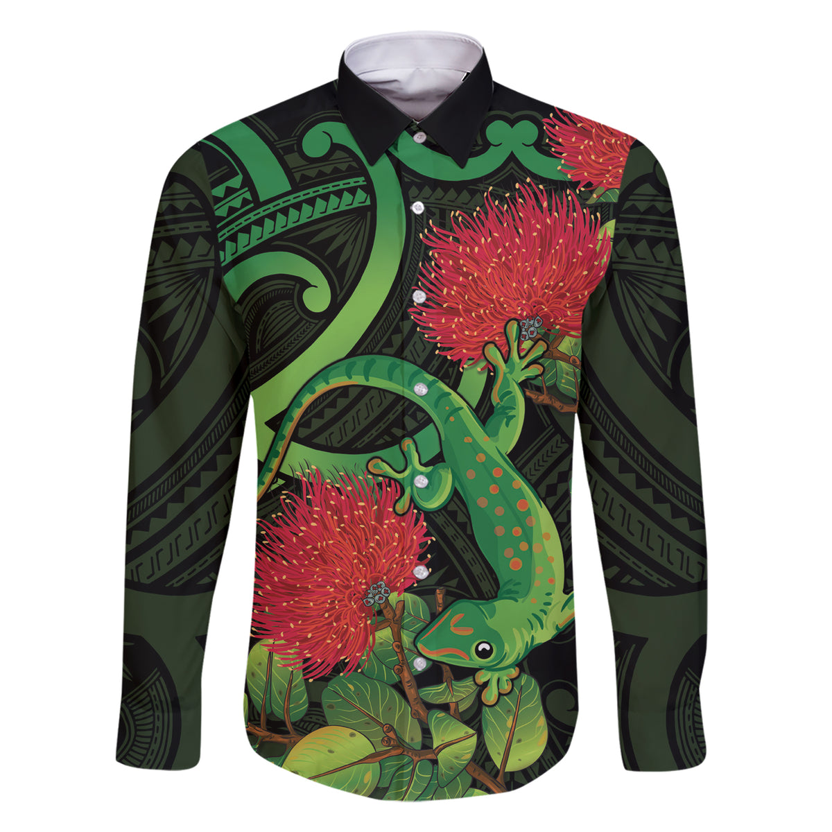 New Zealand Gecko Family Matching Short Sleeve Bodycon Dress and Hawaiian Shirt Aotearoa Maori With Pohutukawa Flowers