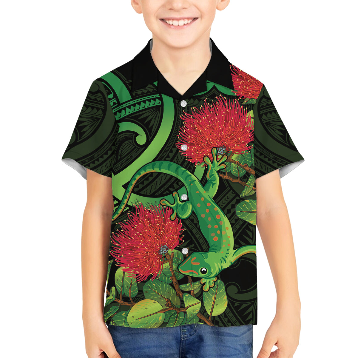New Zealand Gecko Family Matching Tank Maxi Dress and Hawaiian Shirt Aotearoa Maori With Pohutukawa Flowers