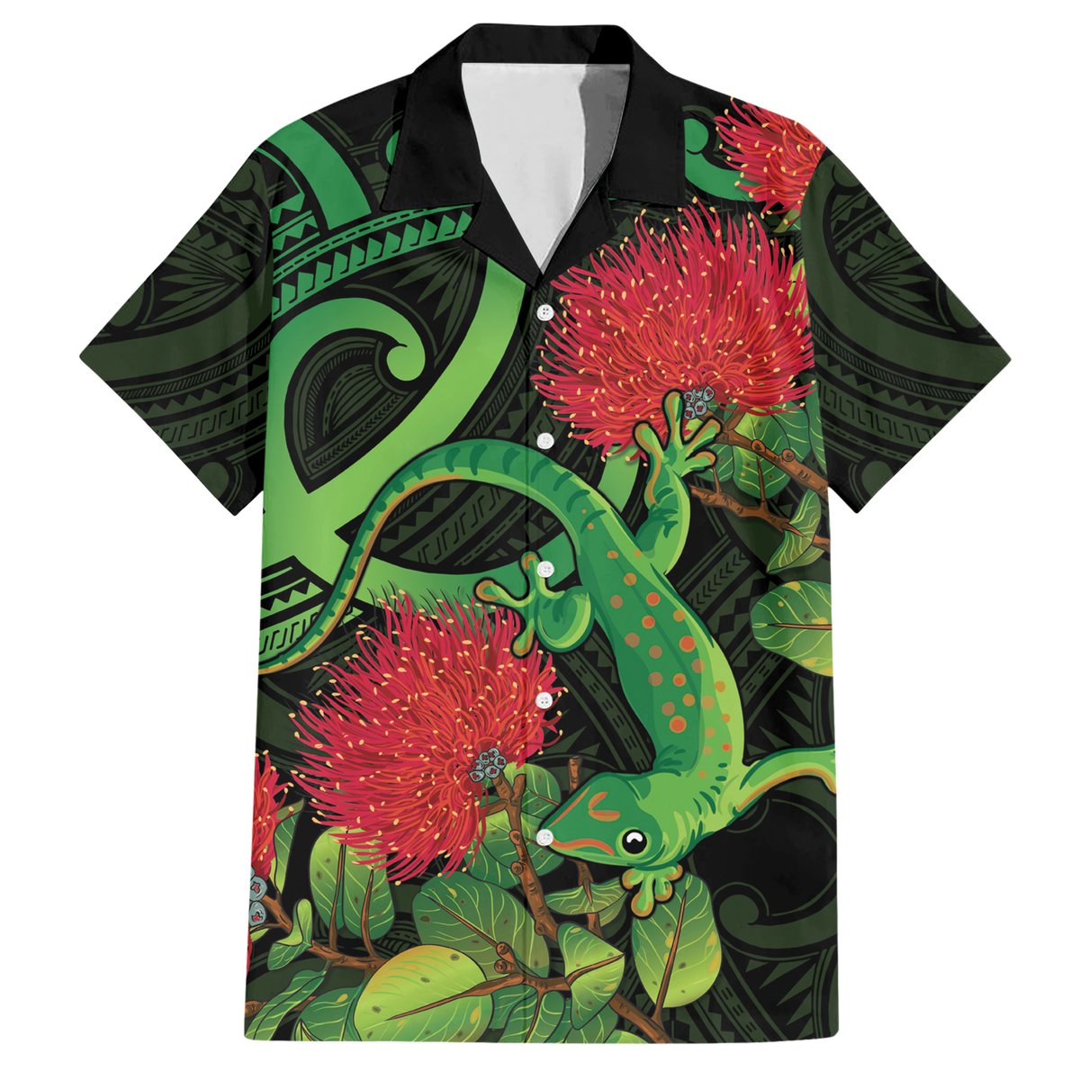 New Zealand Gecko Hawaiian Shirt Aotearoa Maori With Pohutukawa Flowers LT14 Black - Polynesian Pride