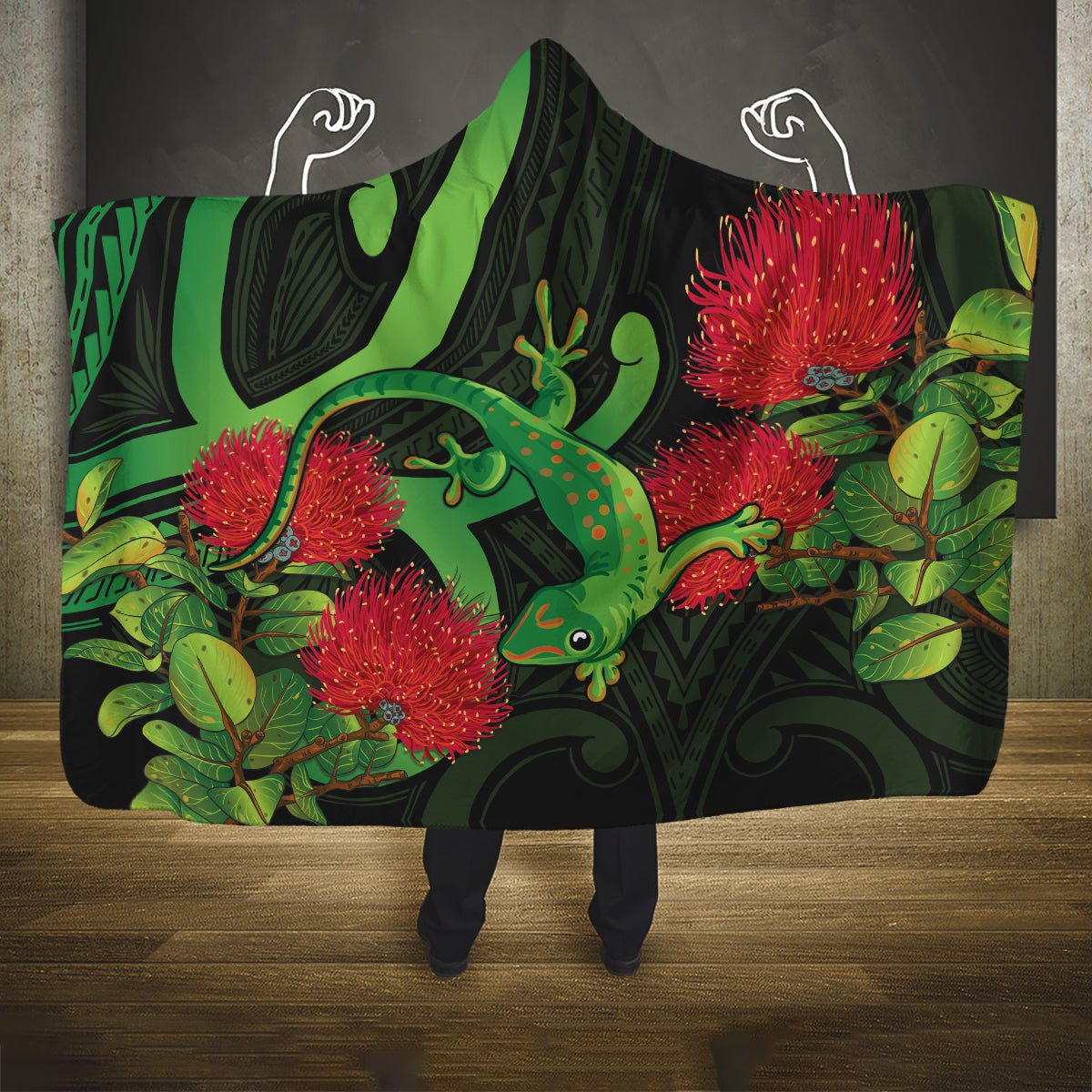 New Zealand Gecko Hooded Blanket Aotearoa Maori With Pohutukawa Flowers LT14 One Size Black - Polynesian Pride