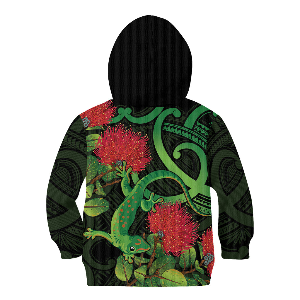 New Zealand Gecko Kid Hoodie Aotearoa Maori With Pohutukawa Flowers