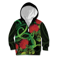 New Zealand Gecko Kid Hoodie Aotearoa Maori With Pohutukawa Flowers