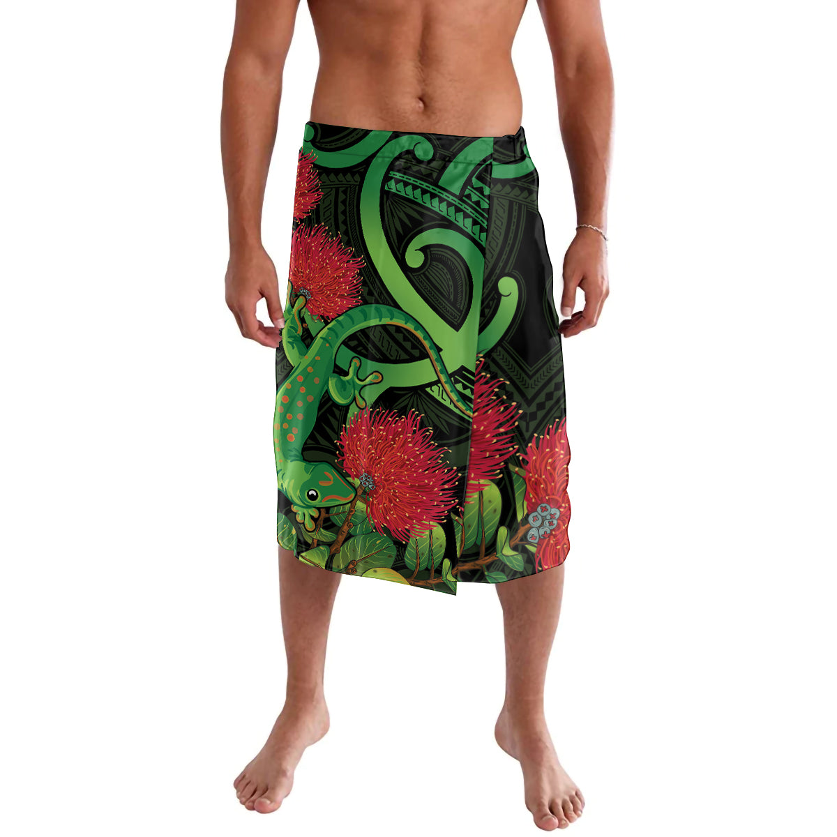 New Zealand Gecko Lavalava Aotearoa Maori With Pohutukawa Flowers LT14 Black - Polynesian Pride