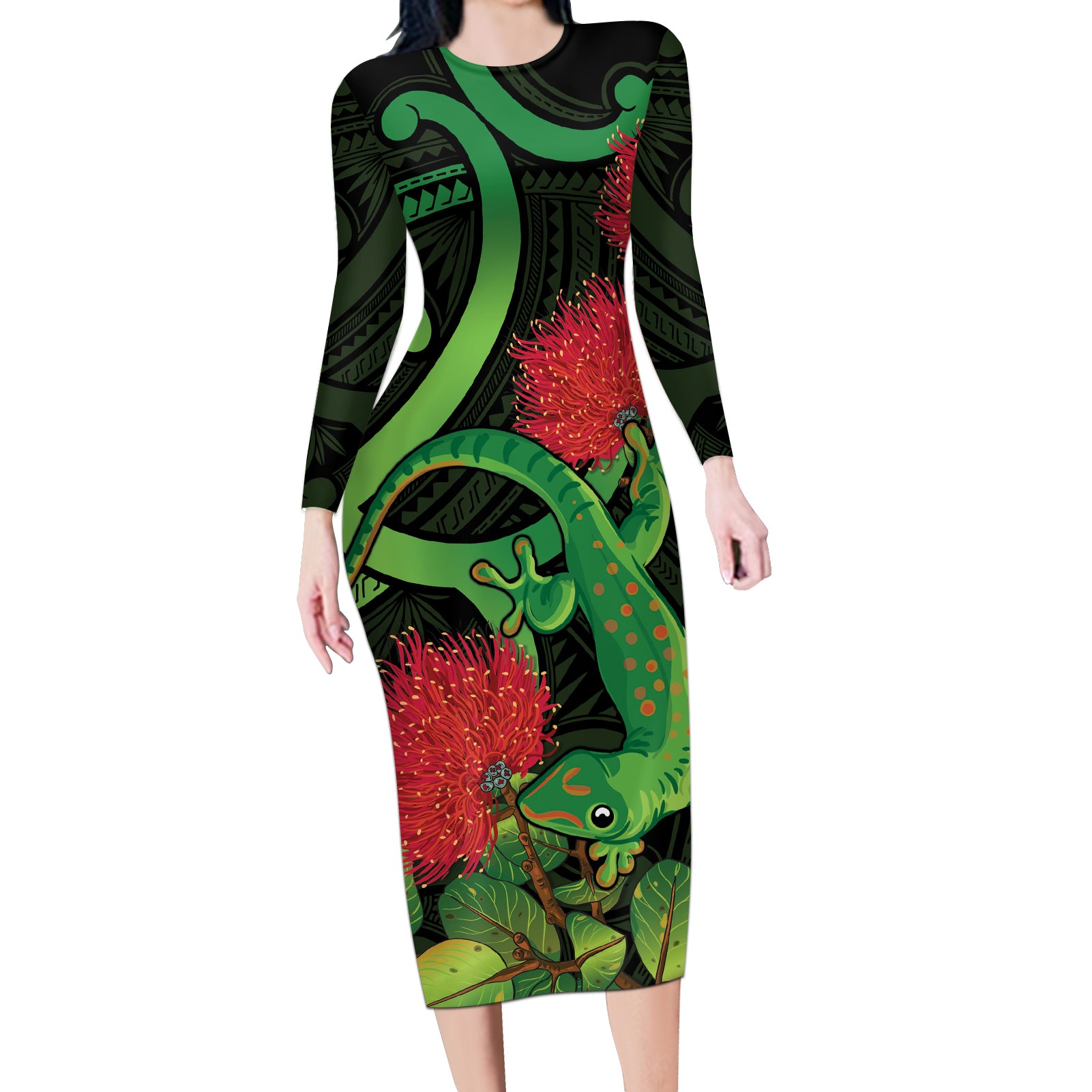 New Zealand Gecko Long Sleeve Bodycon Dress Aotearoa Maori With Pohutukawa Flowers