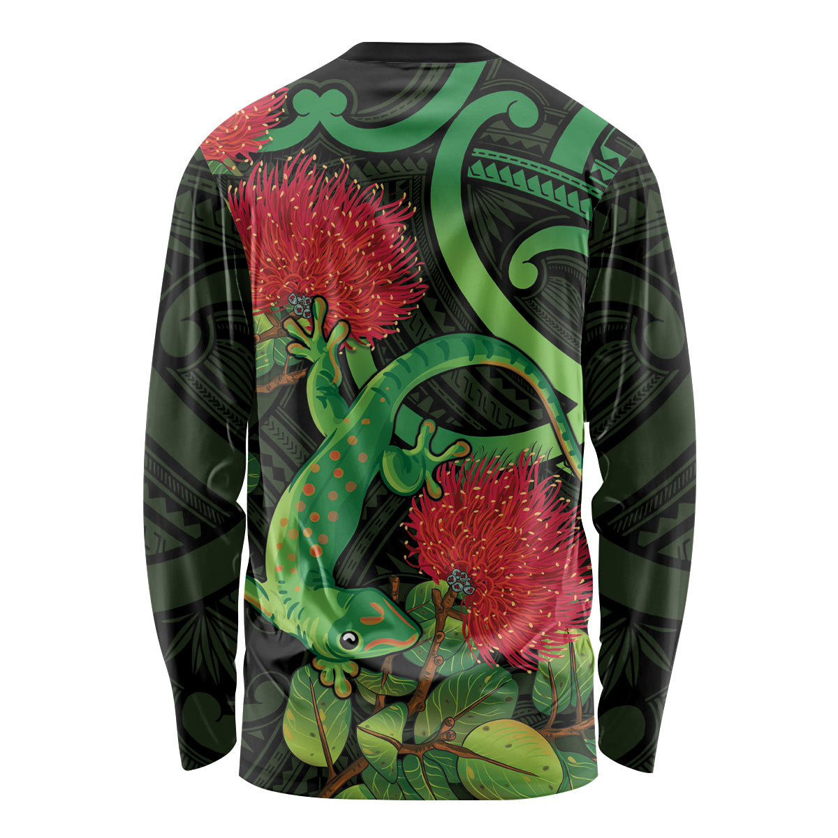 New Zealand Gecko Long Sleeve Shirt Aotearoa Maori With Pohutukawa Flowers