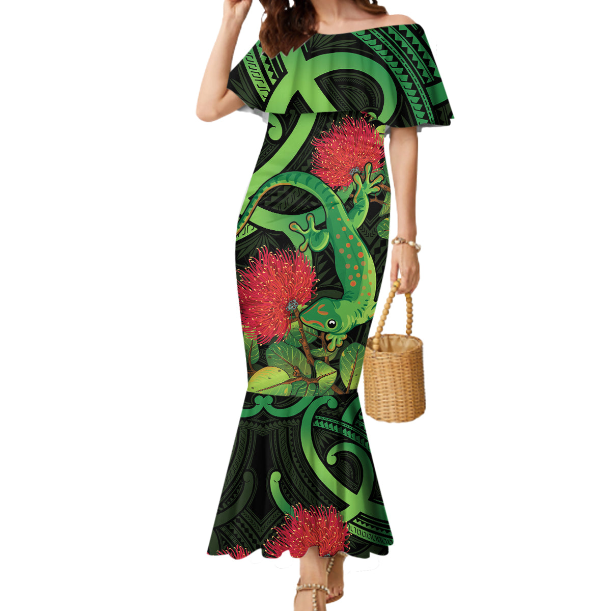 New Zealand Gecko Mermaid Dress Aotearoa Maori With Pohutukawa Flowers