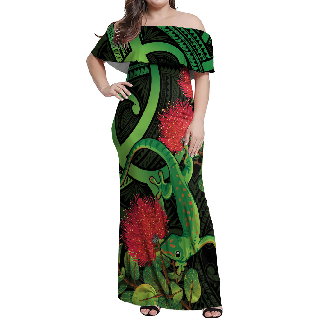 New Zealand Gecko Off Shoulder Maxi Dress Aotearoa Maori With Pohutukawa Flowers