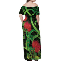 New Zealand Gecko Off Shoulder Maxi Dress Aotearoa Maori With Pohutukawa Flowers