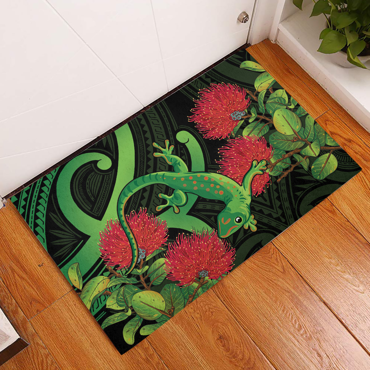 New Zealand Gecko Rubber Doormat Aotearoa Maori With Pohutukawa Flowers LT14 Black - Polynesian Pride