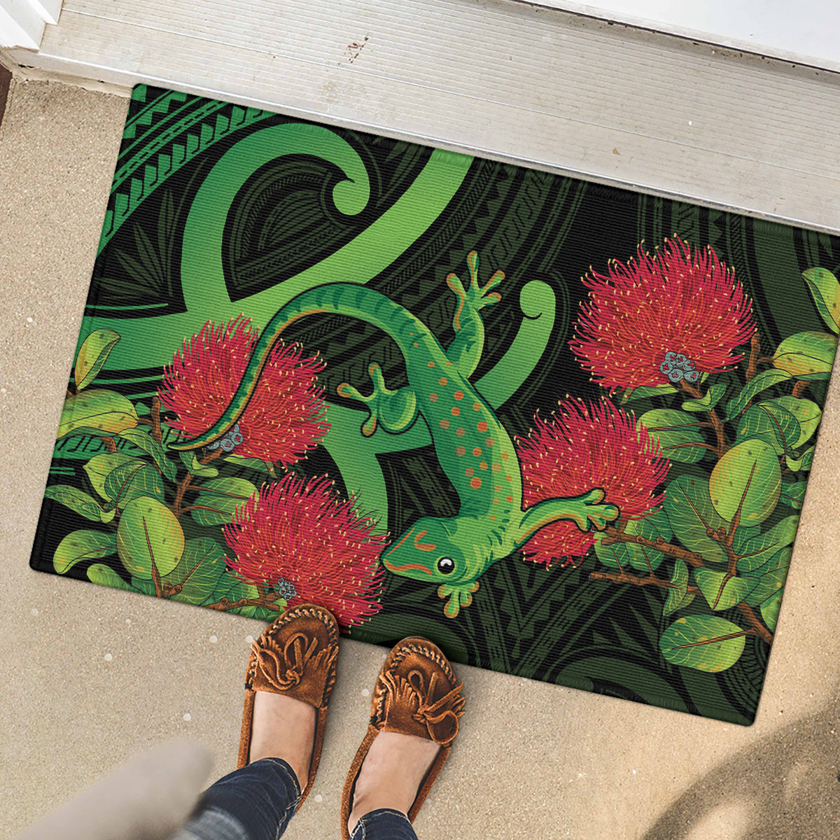 New Zealand Gecko Rubber Doormat Aotearoa Maori With Pohutukawa Flowers LT14 - Polynesian Pride