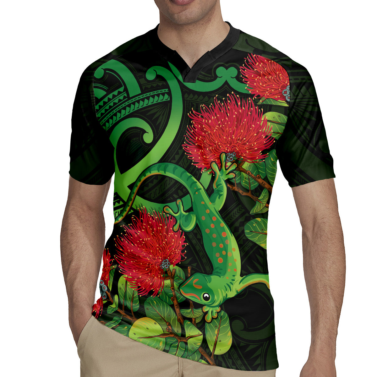 New Zealand Gecko Rugby Jersey Aotearoa Maori With Pohutukawa Flowers