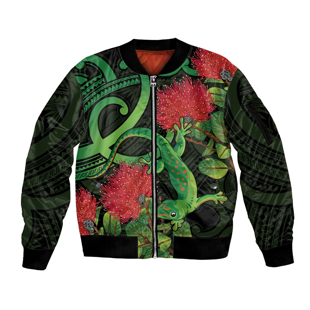 New Zealand Gecko Sleeve Zip Bomber Jacket Aotearoa Maori With Pohutukawa Flowers LT14 Unisex Black - Polynesian Pride