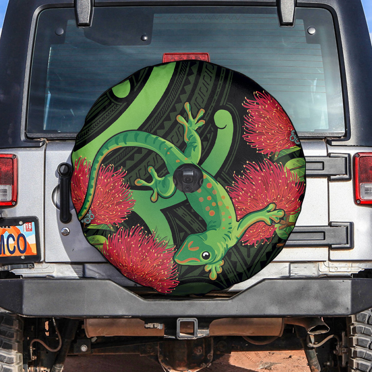 New Zealand Gecko Spare Tire Cover Aotearoa Maori With Pohutukawa Flowers