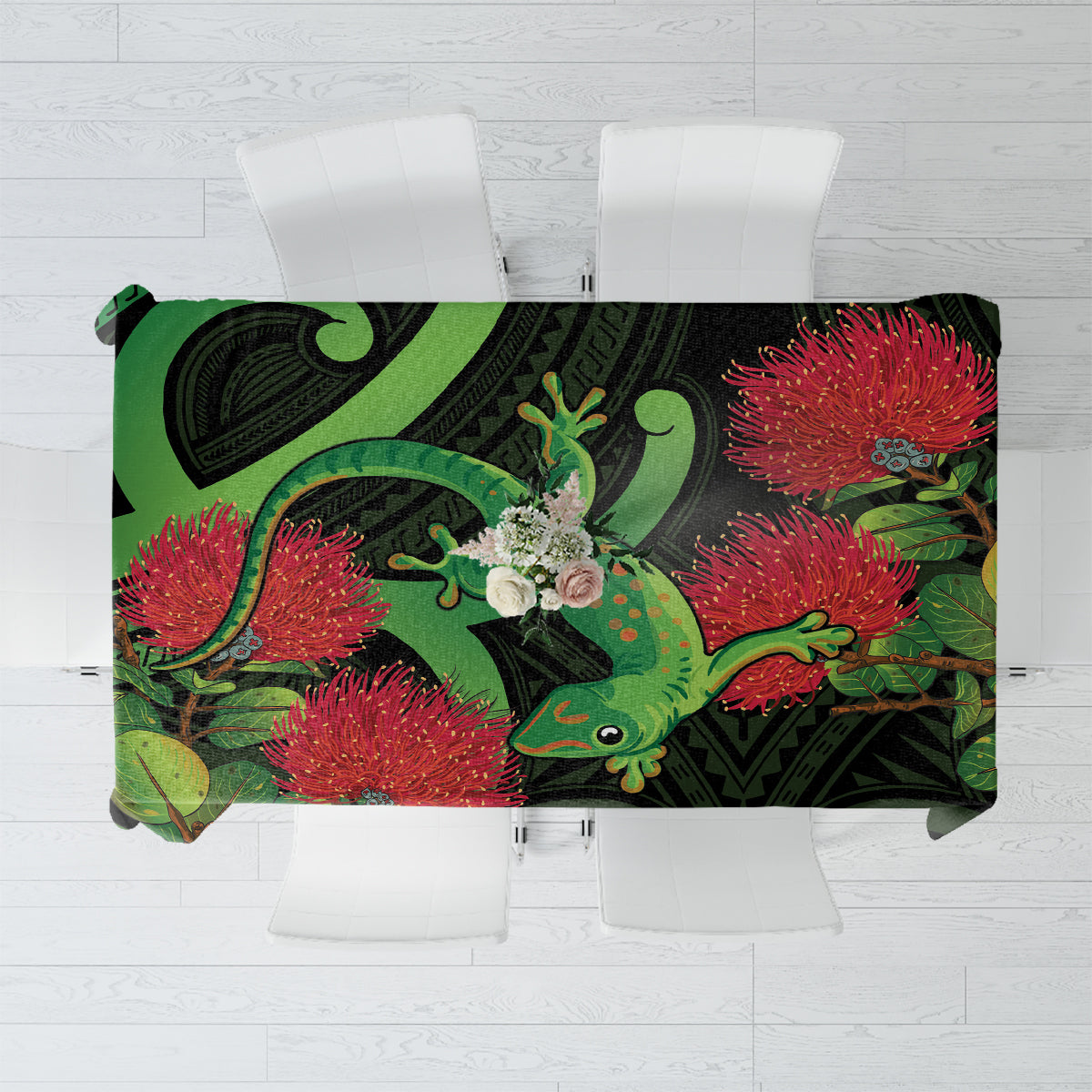 New Zealand Gecko Tablecloth Aotearoa Maori With Pohutukawa Flowers LT14 Black - Polynesian Pride
