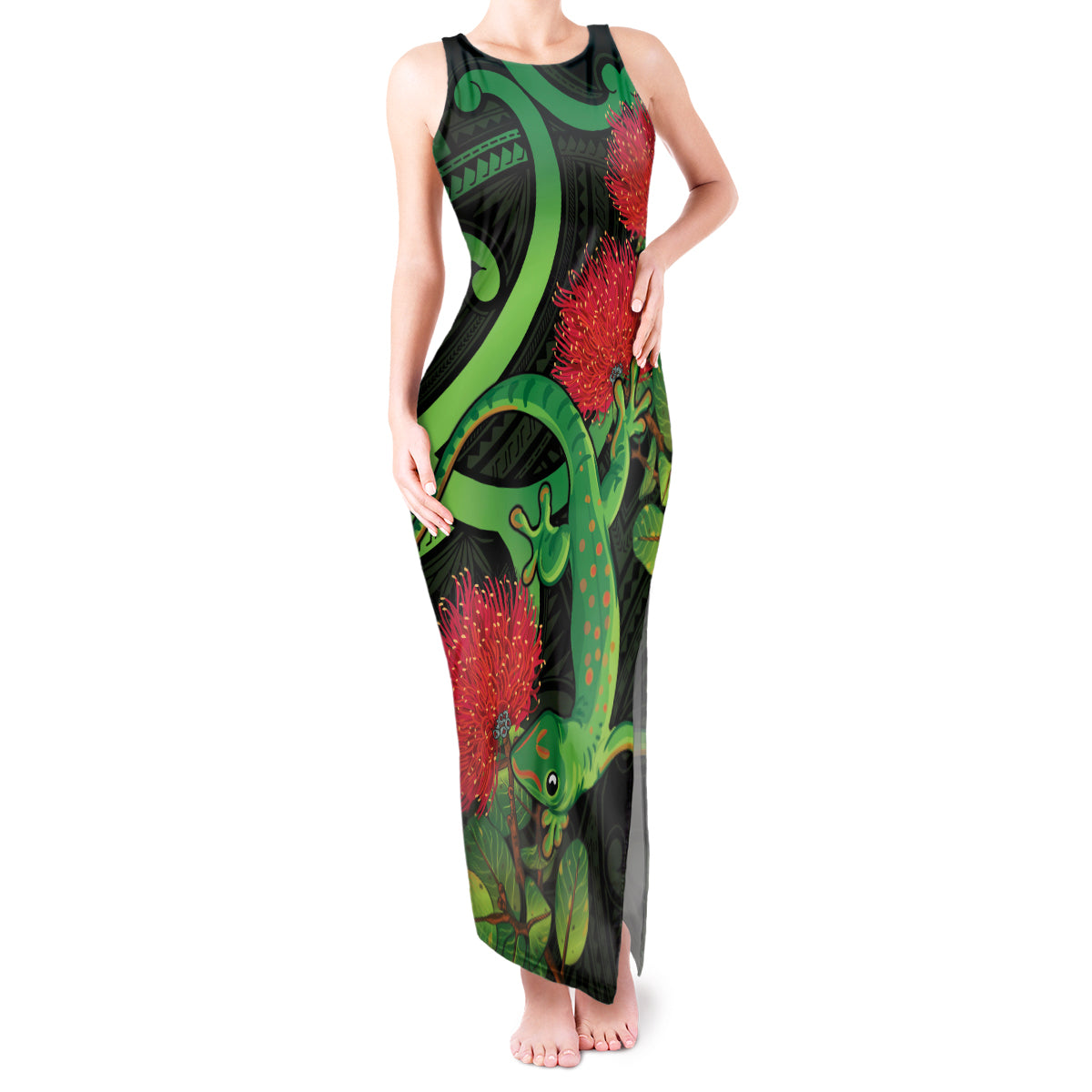 New Zealand Gecko Tank Maxi Dress Aotearoa Maori With Pohutukawa Flowers