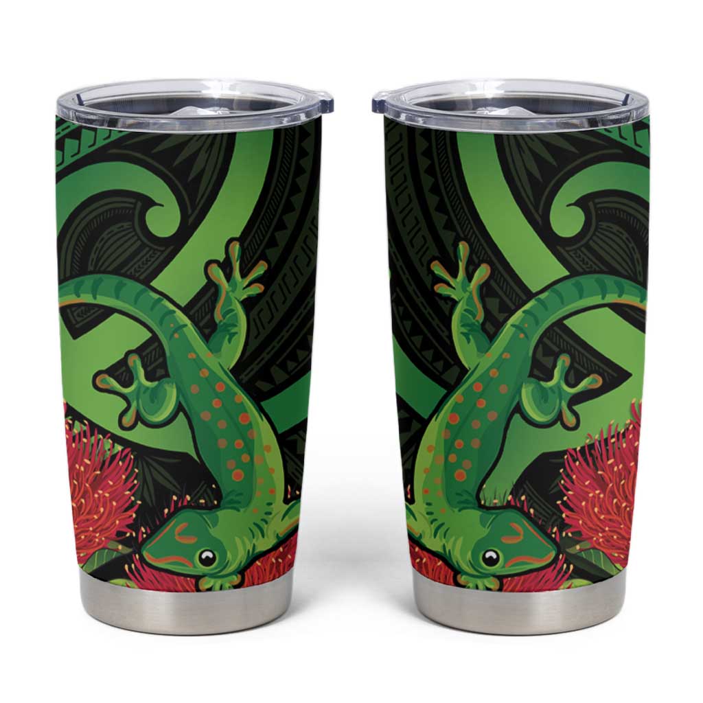 New Zealand Gecko Tumbler Cup Aotearoa Maori With Pohutukawa Flowers