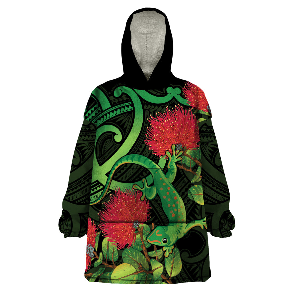 New Zealand Gecko Wearable Blanket Hoodie Aotearoa Maori With Pohutukawa Flowers