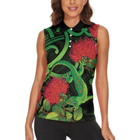 New Zealand Gecko Women Sleeveless Polo Shirt Aotearoa Maori With Pohutukawa Flowers